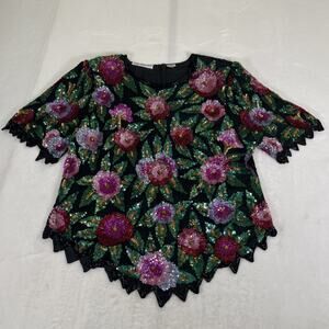 VINTAGE Scala Silk Top Womens 1X Magenta Black Green Floral All Over Sequin